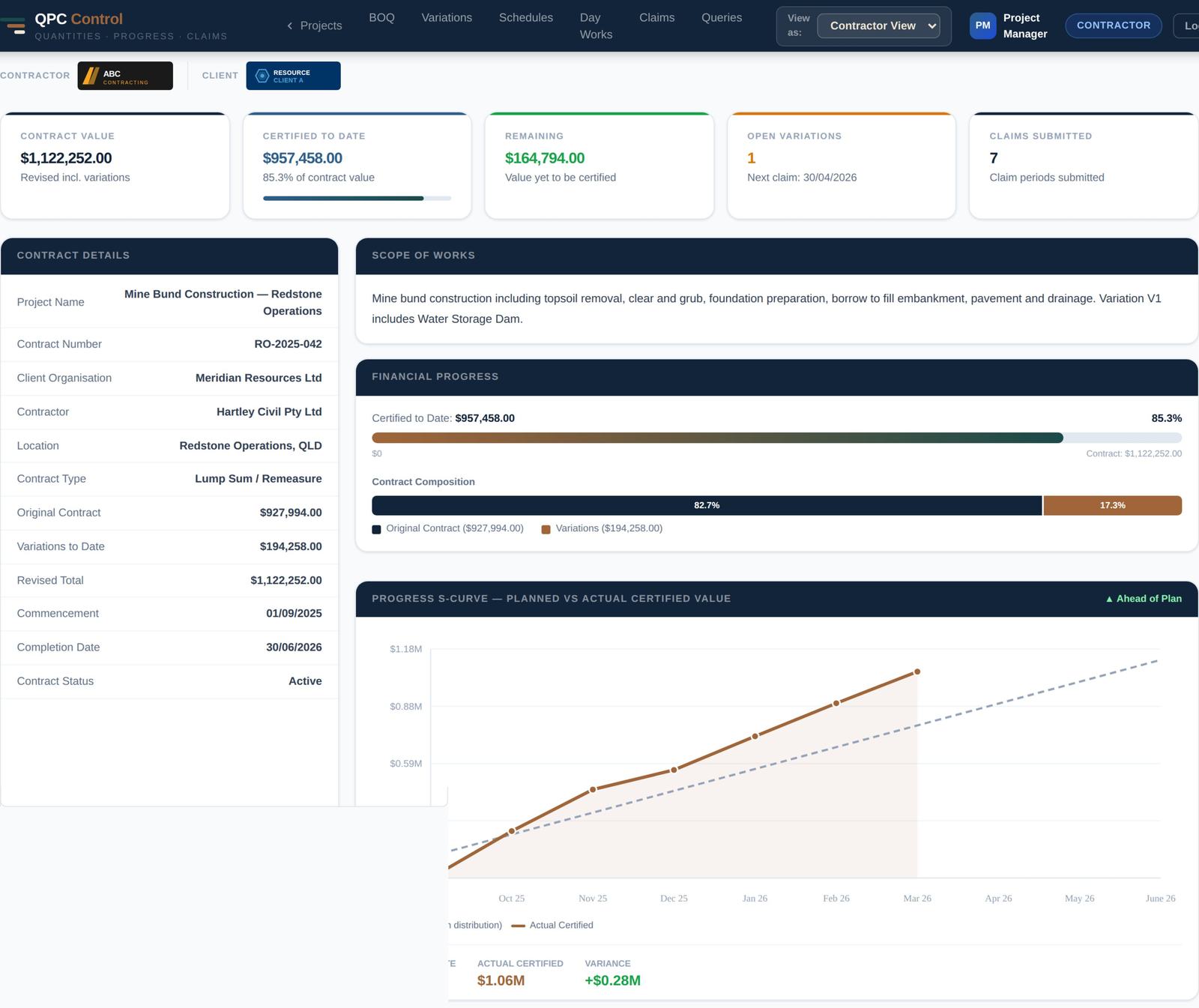 QPC Control project summary dashboard with progress S-curve